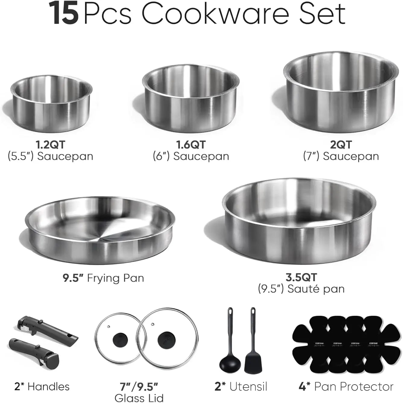 15pcs Induction Kitchen Cookware Sets with Removable Handle