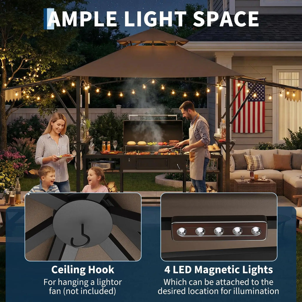 8x5 Grill Gazebo Outdoor BBQ Canopy Double Tier Patio Grill Shelter With Adjustable Dual Side Awnings 2 Handy Shelves Hooks And Ceiling Light Hook Heavy Duty Steel Frame For Backyard