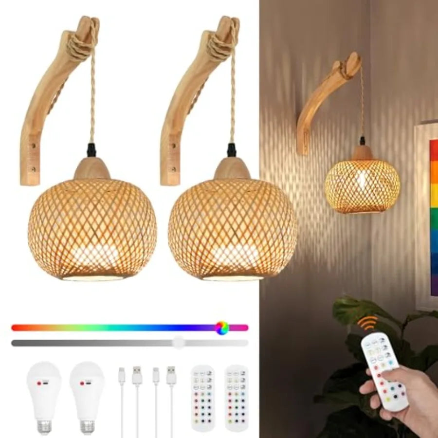 Boho Rechargeable Battery Operated Wall Sconces Set of Two with Remote, Dimmable Wireless Wall Light