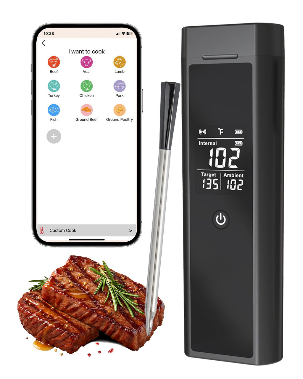 Wireless Meat Thermometer with Bluetooth, Probe BBQ Thermometer for Grill Smoker Oven, 820 ft Remote Range, IP67 Waterproof, App Control, Fast Charging