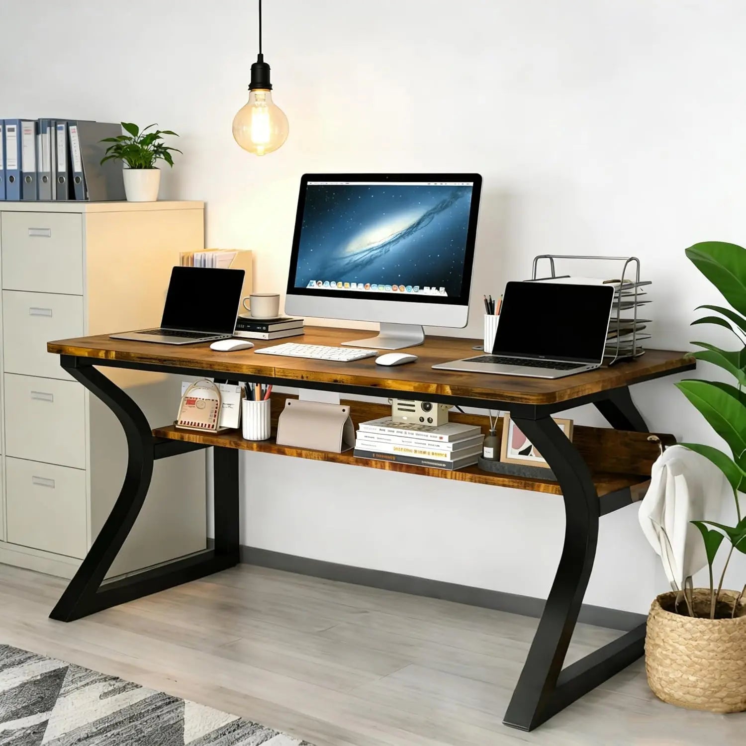 Computer Desk 55 x 23.6 Inch Home Office Desk, Large Modern Computer Desks with Storage Shelf, Metal Frame Work