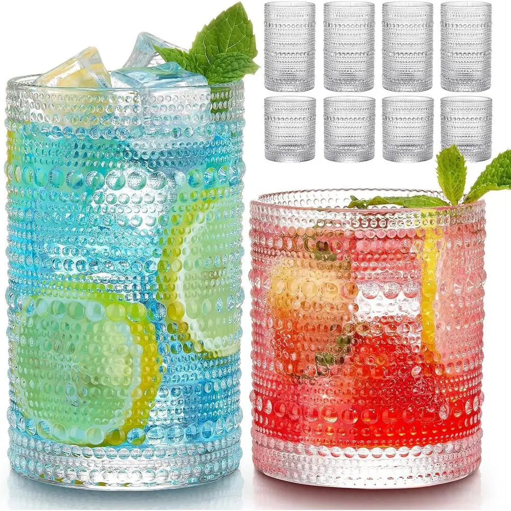 Set of 8 Vintage Hobnail Drinking Glasses: 12 oz Highballs & 10 oz Cocktails, Ideal for Kitchen, Bar, and Everyday Use