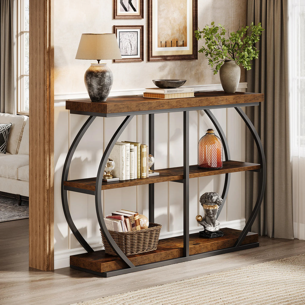 41.3"  Industrial 3-Tier Entryway Table with Arched Metal Frame and Storage Shelves for Living Room