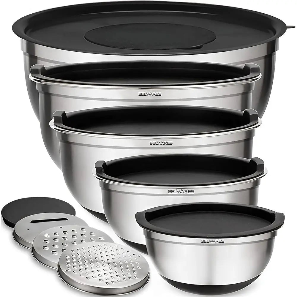 5-Piece Stainless Steel Mixing Bowl Set with Lids, Non-Slip Base, 3 Grater Attachments