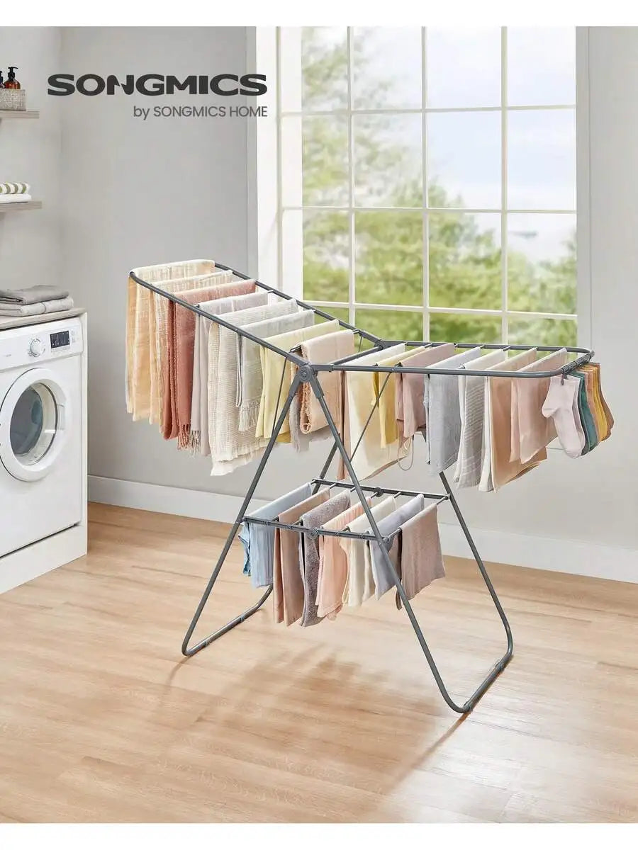 Free-Standing Metal Clothes Drying Rack With Sock Clips Foldable Laundry Drying Rack Space-Saving Design Clothes Dryer