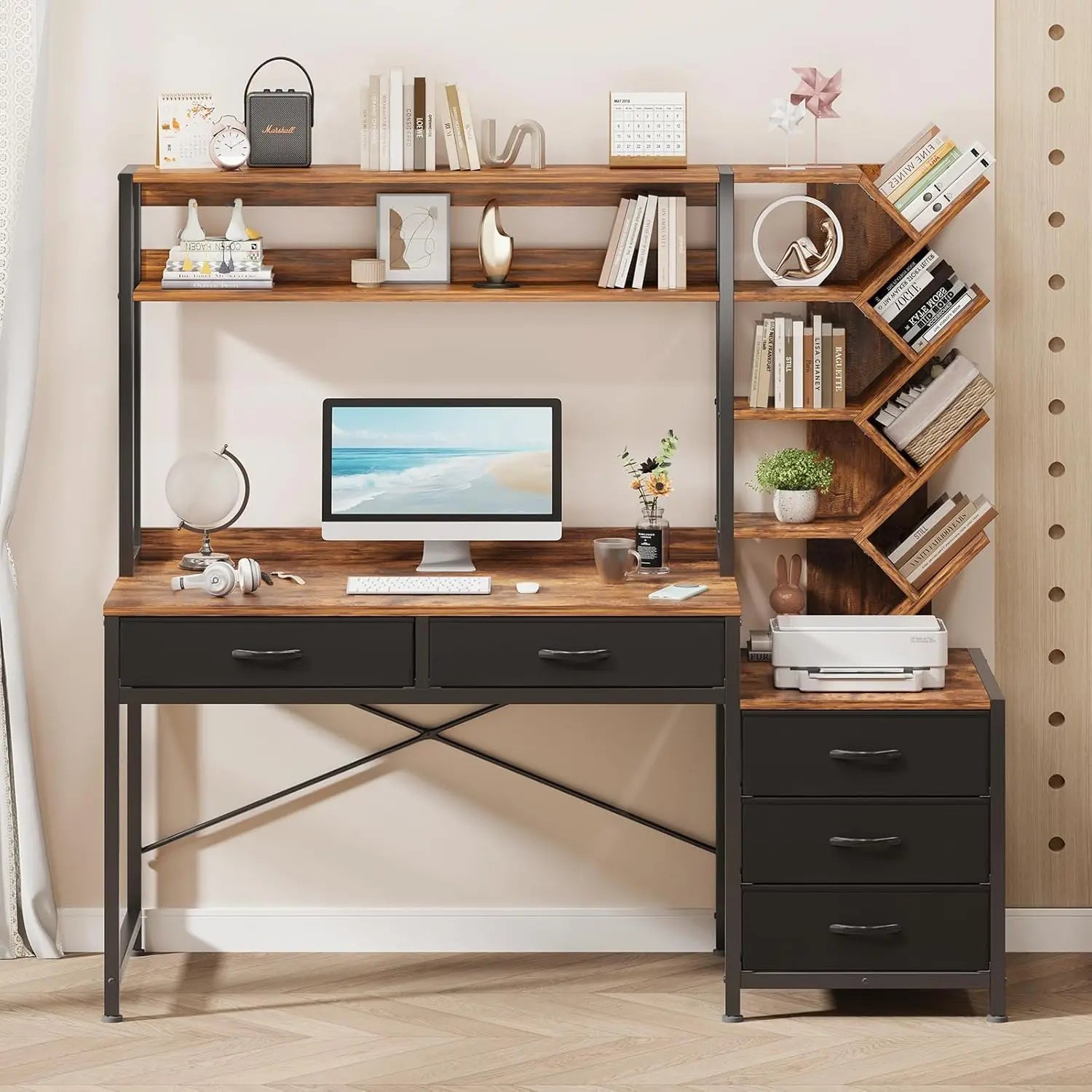 Reversible Computer Desk with Hutch with 5 Drawers and Bookshelf, 52''