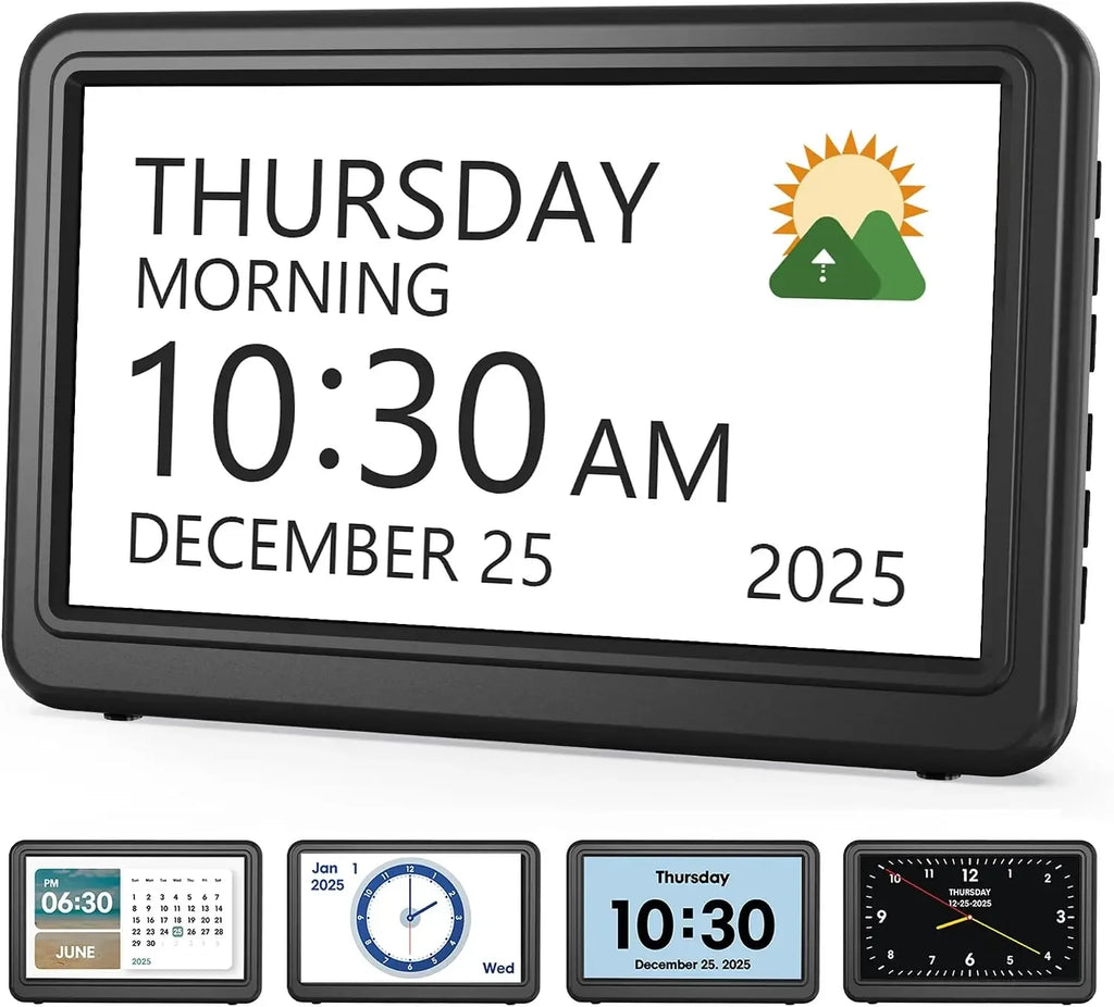 Clock with Day and Date for Elderly, 7" Large Display Digital Calendar Day Clock with 20 Custom Alarms and Medicine Reminders, Dimmable Dementia Alzheimers Clocks for Seniors, Black (Ac Powered)