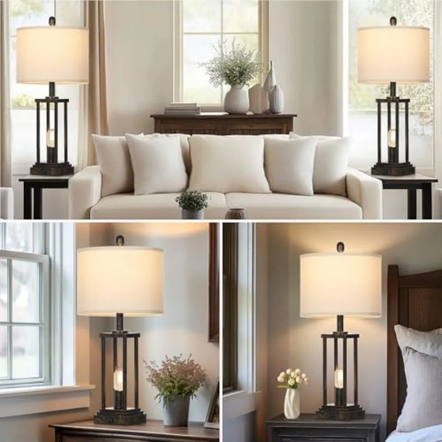 Industrial End Table Lamp for Living Room, Rustic Bedside Lamps Set Of 2