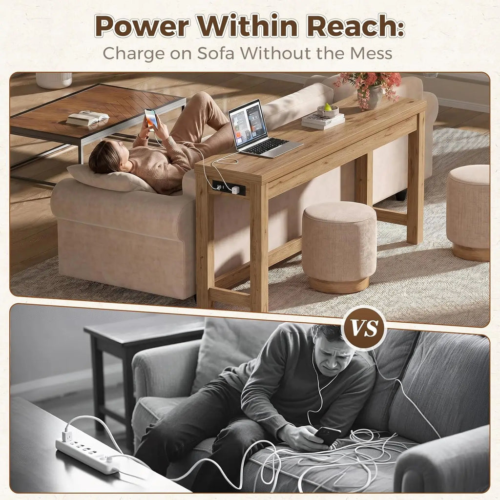 63" Console Table with Charging Station, 13.8" Deep Farmhouse Sofa Table Behind Couch with 2 AC Outlets & 3 USB