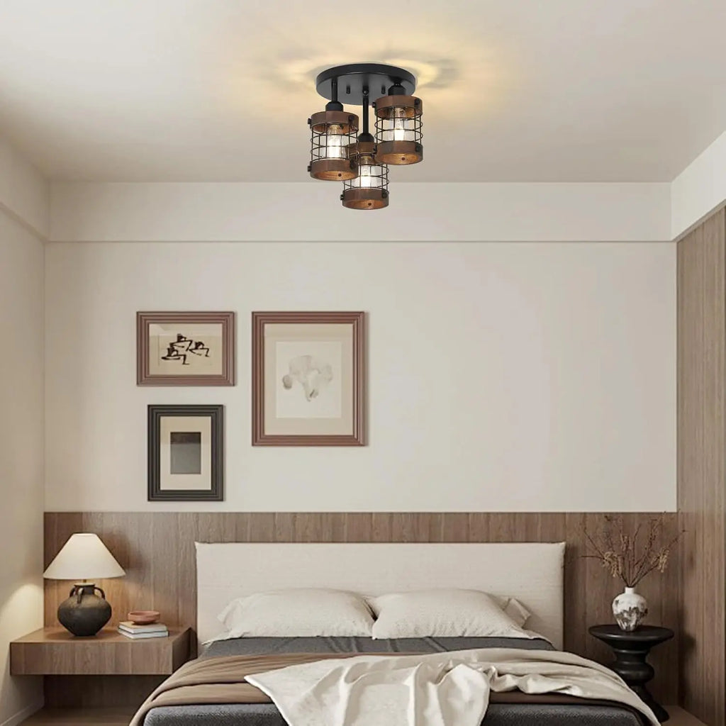 Farmhouse Chandelier with Wooden Cage Shade, Black Hallway Light Fixture for Entryway Bedroom