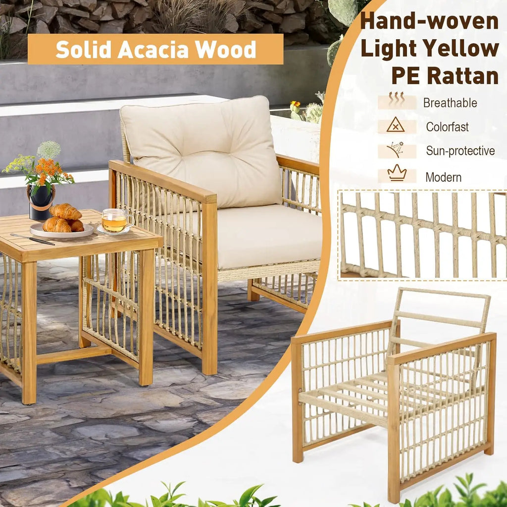 3 Piece Acacia Wood Patio Bistro Set PE Wicker Cushioned Chairs Coffee Table Outdoor Porch Deck Balcony