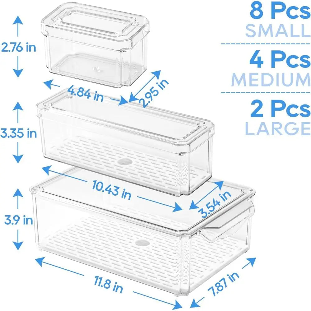 14 Pack Ridge Organizers, Refrigerator Bins with Lids, BPA-Free Stackable Fruit Storage Containers for Vegetables, Food and Drin