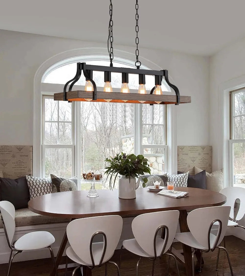 Farmhouse Linear Chandelier Black and Retro Wood Finish 5-Lights