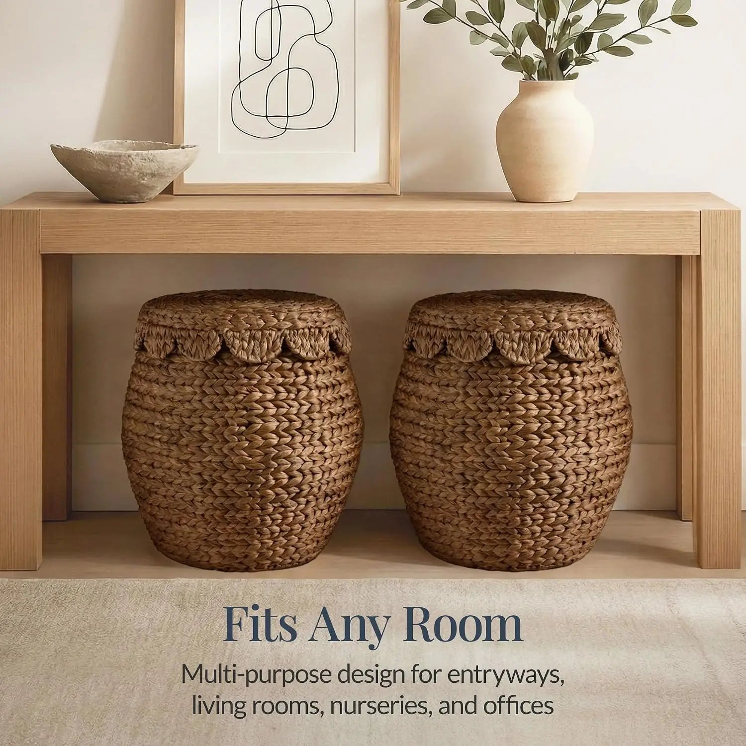 Scalloped Multipurpose Hyacinth Storage Basket, Plant Décor, Handwoven Organizer Tote for Bedroom, Living Room, Nursey, W/Lid - Chestnut