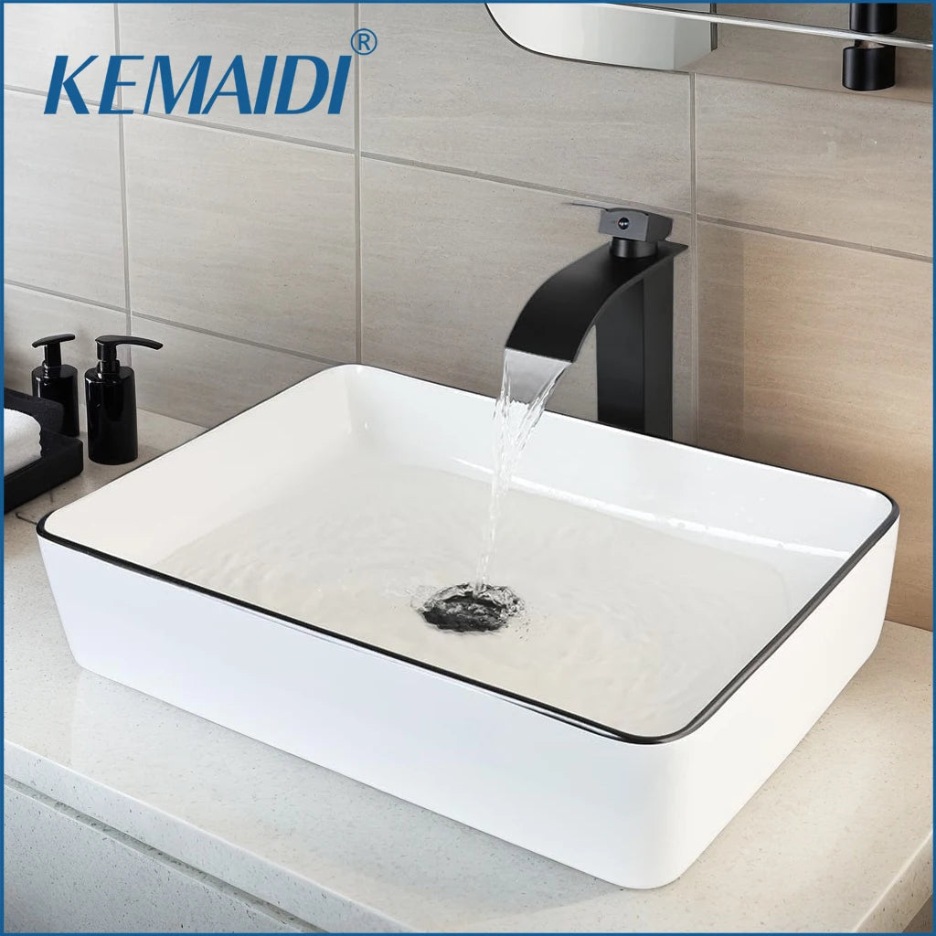 20 Inch Large Bathroom Vessel Sink with Black Faucet White Ceramic