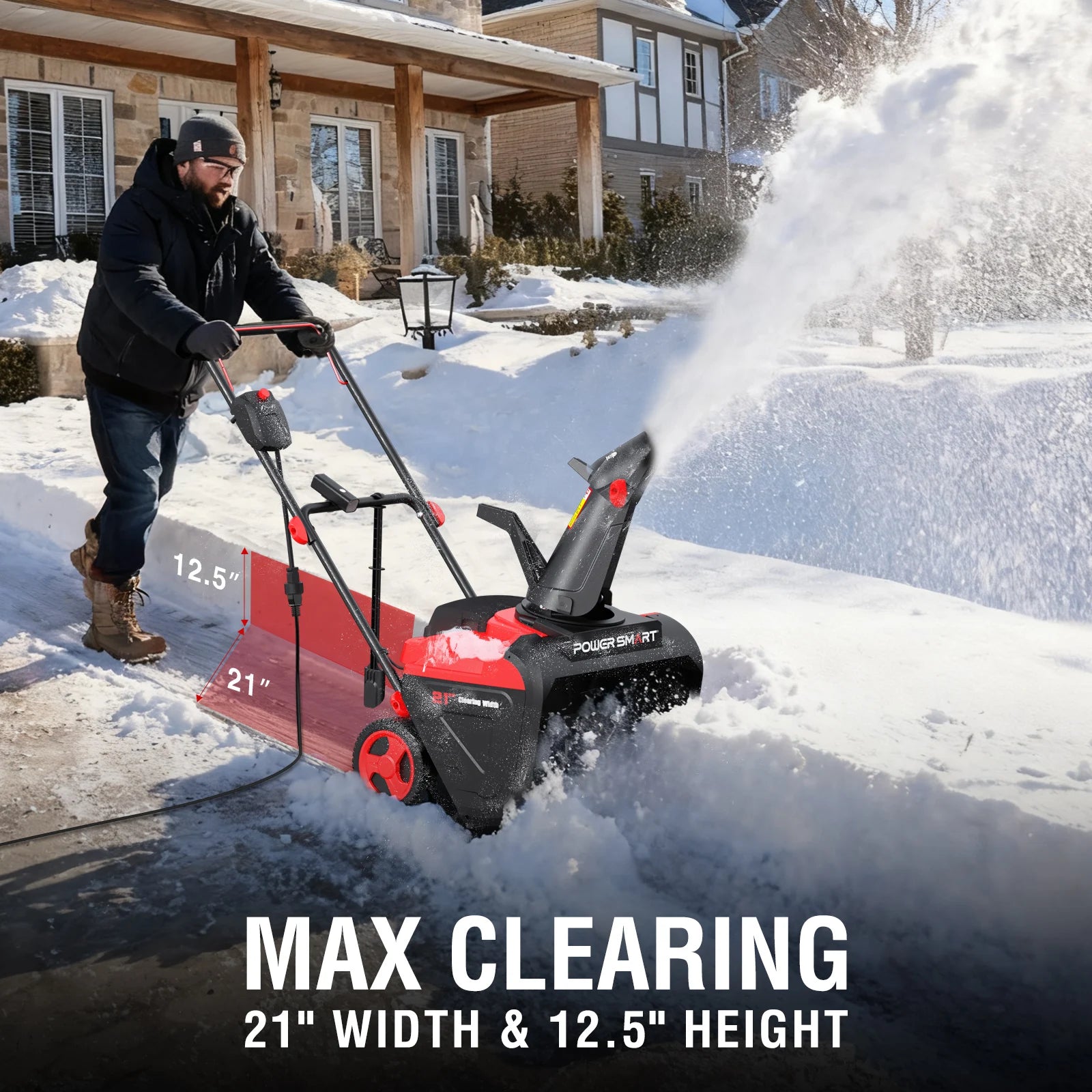 Electric Snow Thrower, 21" Snow Blower with 180° Chute, LED Light, Lightweight for Yard, Driveway & Sidewalk