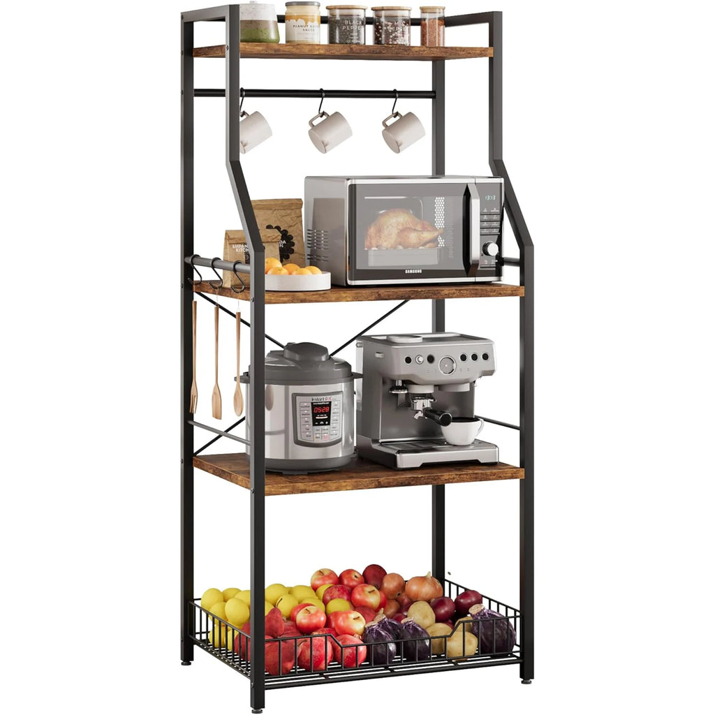 4-Tier Kitchen Bakers Rack & Microwave Oven Stand with Large Wire Basket, Industrial Coffee Bar Station with Hooks, Kitchen Utility Storage Shelf for Pots, Spices