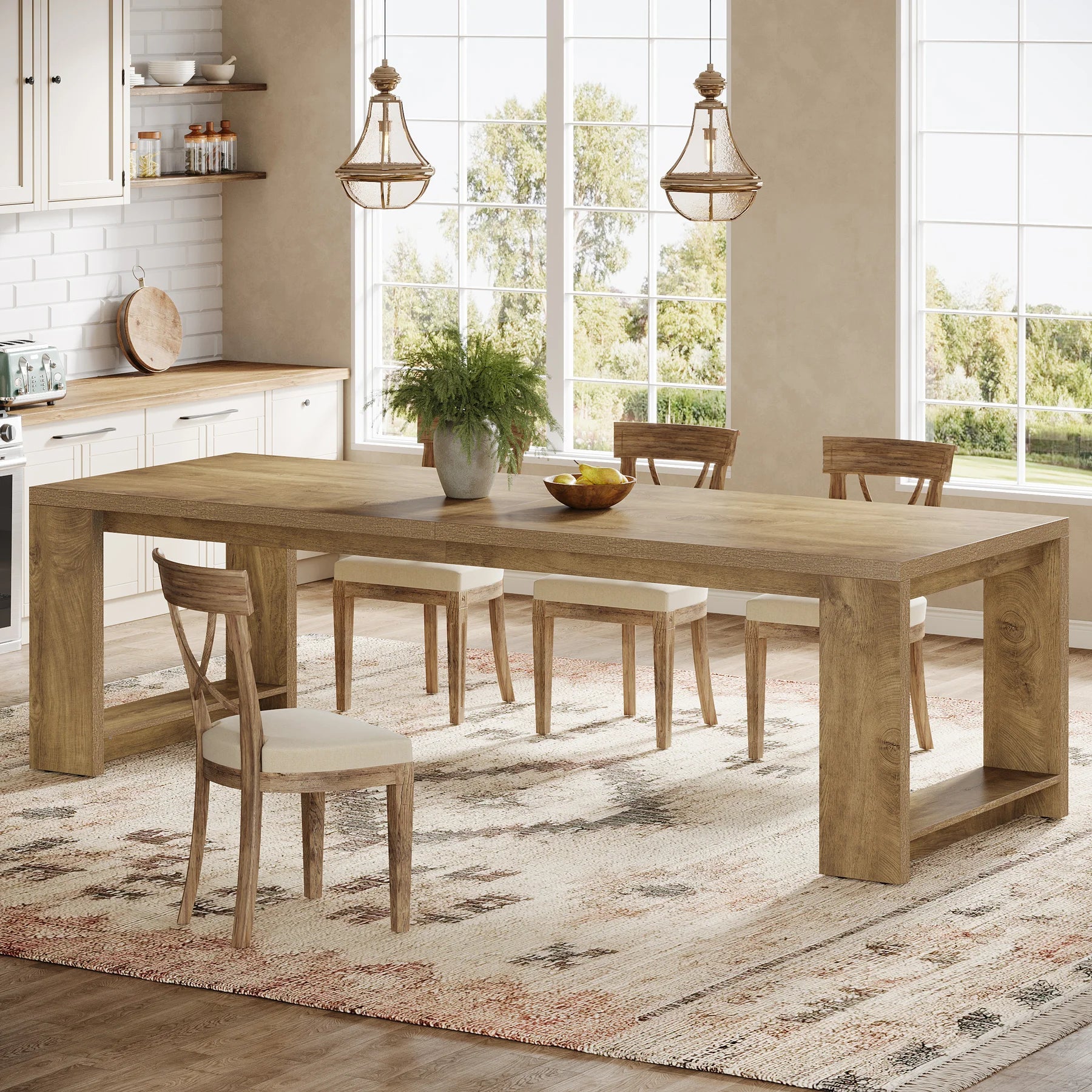86.61-Inch Dining Table for 6-8 People, Modern Narrow Long Kitchen Table with Pedestal Base