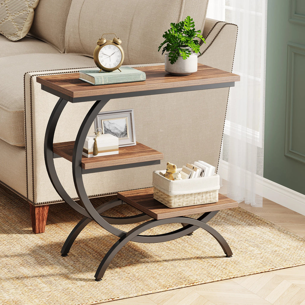 Tribesigns C-Shaped End Table, Industrial 3-Tier  Wood Table with Storage Shelves