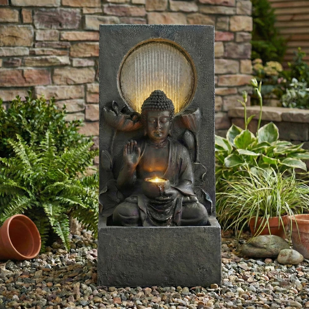 28" H Outdoor Buddha Waterfall Fountain, Freestanding Relaxing Water Feature
