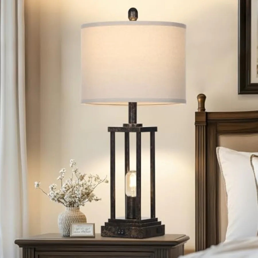 Industrial End Table Lamp for Living Room, Rustic Bedside Lamps Set Of 2