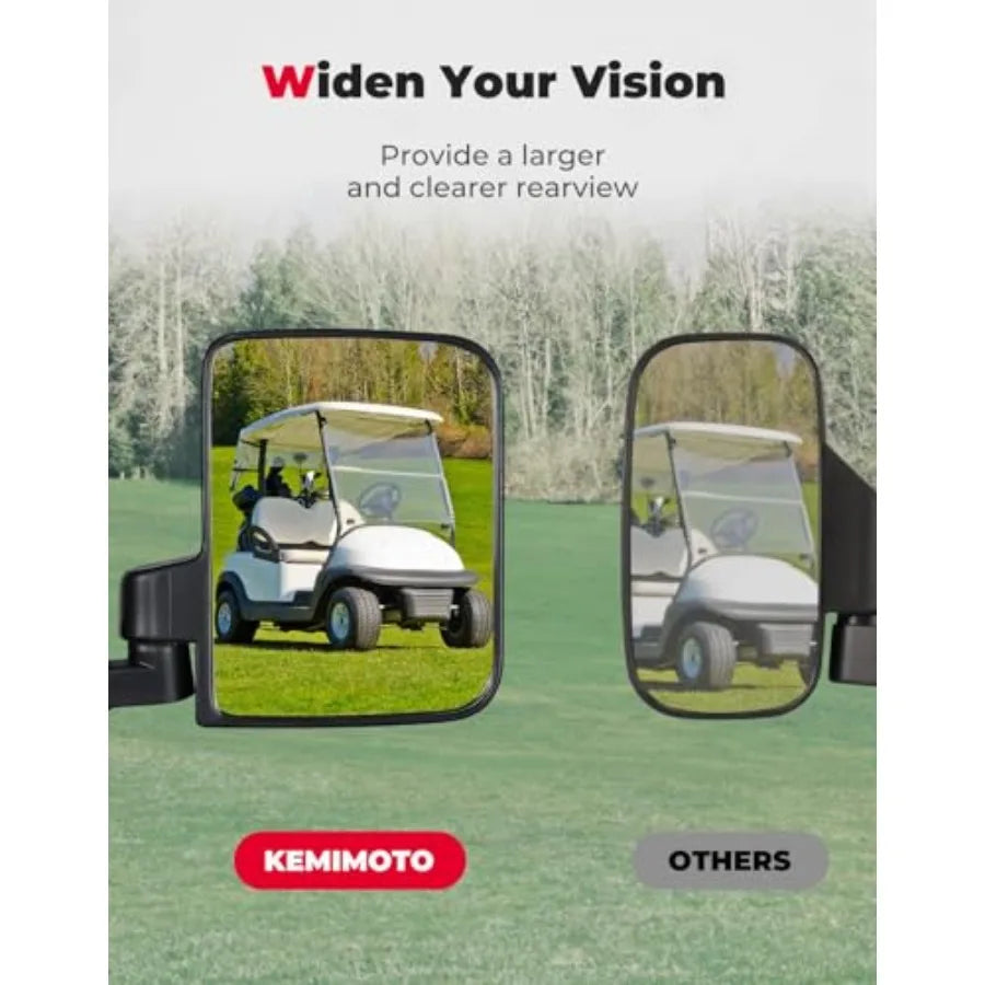 No Drilling Golf Cart Side Mirrors, Universal Rear View Mirror for 0.75"-1.25" Square Rail, Folding Design, Compatible with EZG