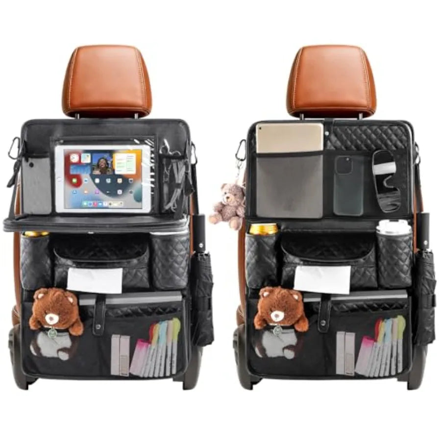 Car Backseat Organizers - with Foldable Tray - PU Leather Back Seat Car Organizers with Storage Pockets, Tablet Holders