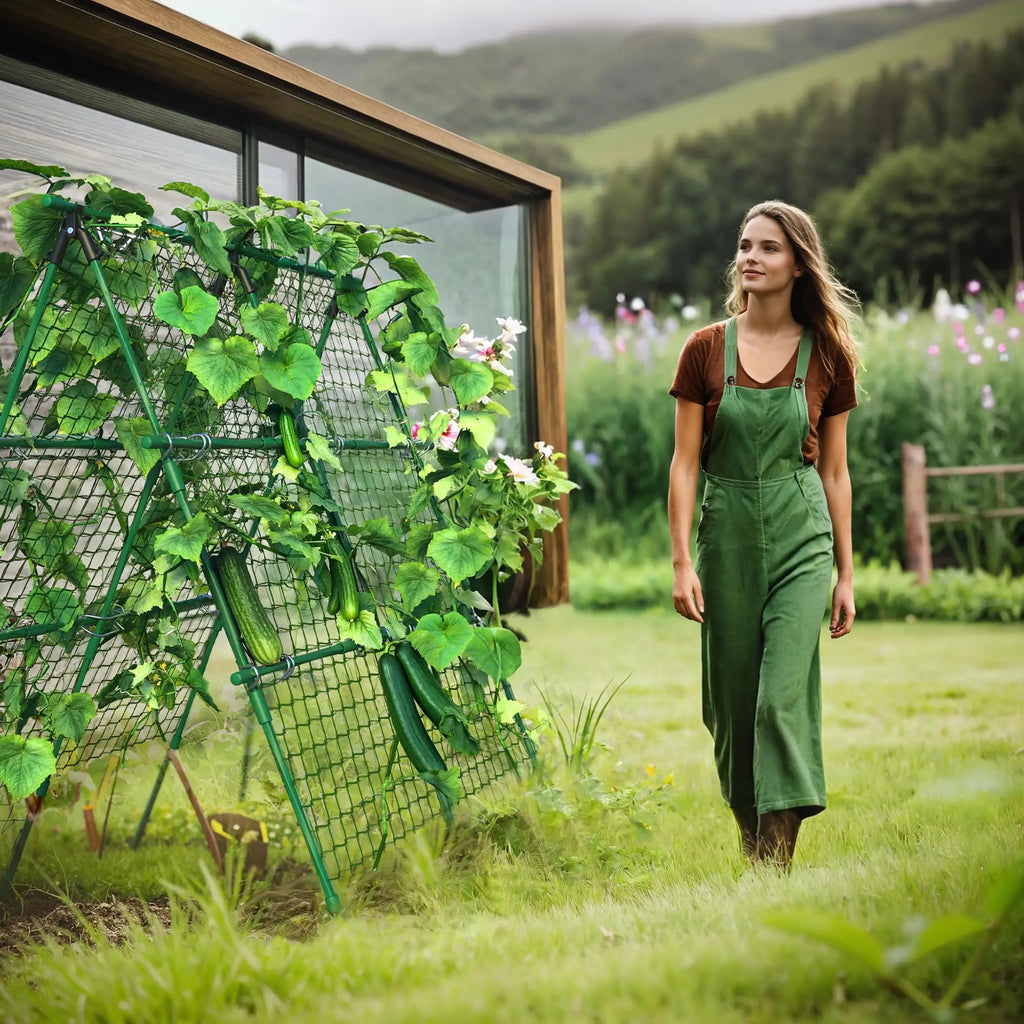 4x4 ft Metal A-Frame Garden Trellis with Netting, Outdoor Support for Climbing Vegetables Tomatoes Cucumbers
