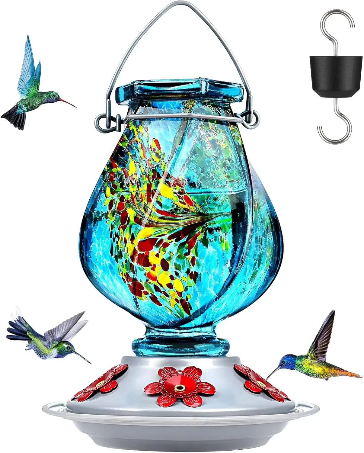Hummingbird Feeder, Hand Blown Glass Hummingbird Feeders for Outdoors Hanging with Ant Moat, 5 Bee-Proof Ports, Leak-Proof, 360°