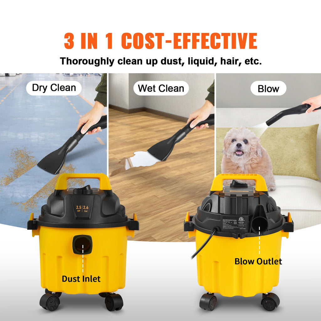 Wet Dry Vac 2.6 Gallon 2.5 Peak HP 3 in 1 Portable Shop Vacuum with Blowing Function  Attachment Storage