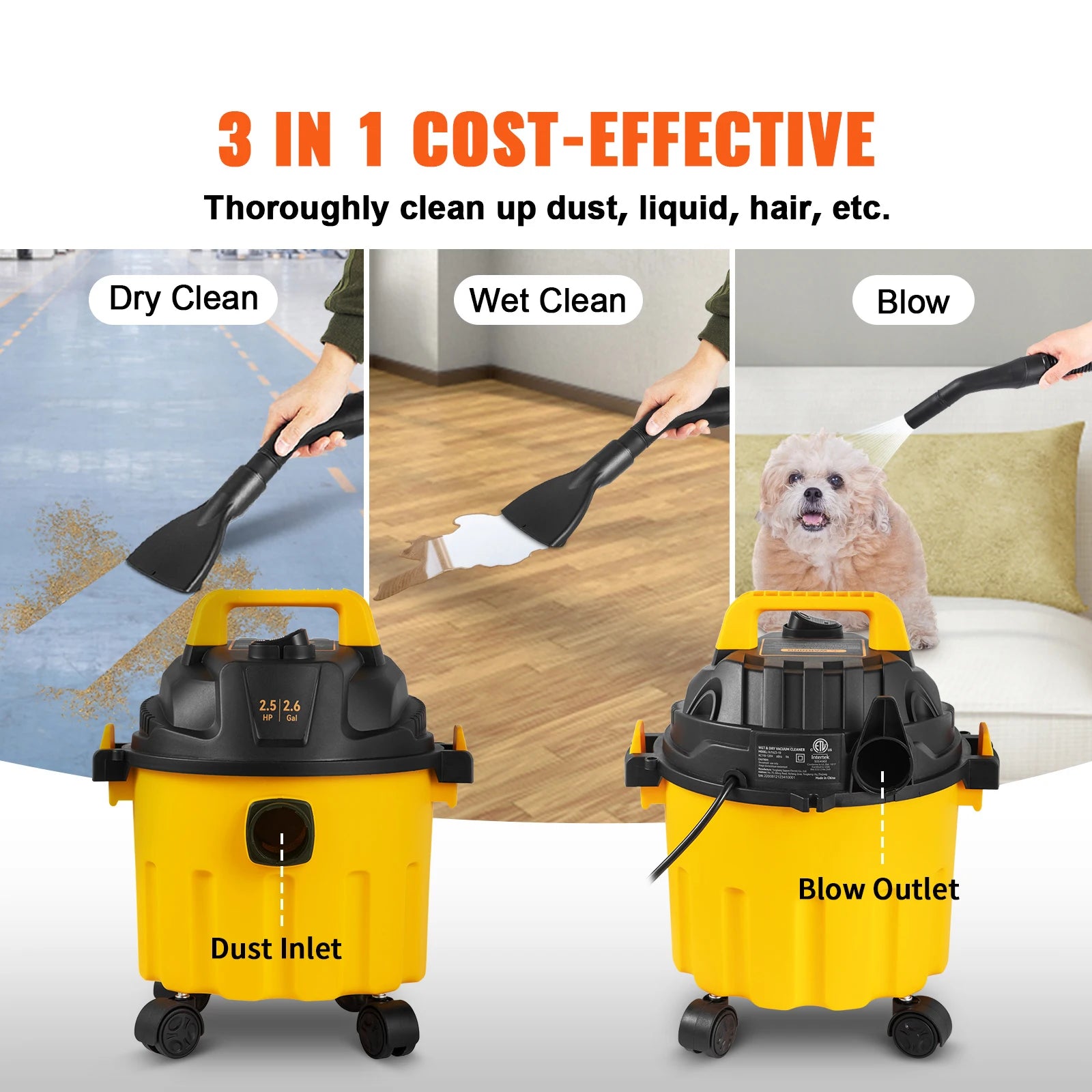 Wet Dry Vac 2.6 Gallon 2.5 Peak HP 3 in 1 Portable Shop Vacuum with Blowing Function  Attachment Storage