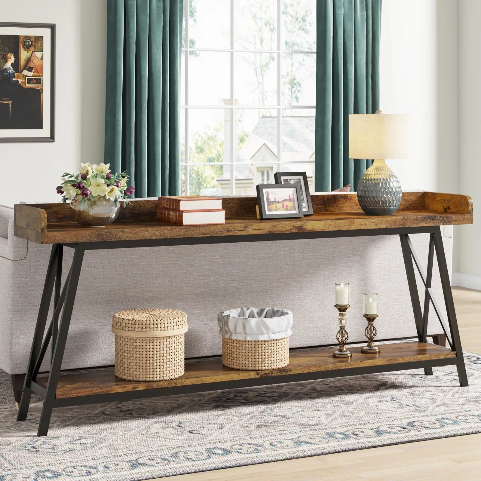 Extra Long Console Table, Rustic Industrial Sofa Table Behind Couch