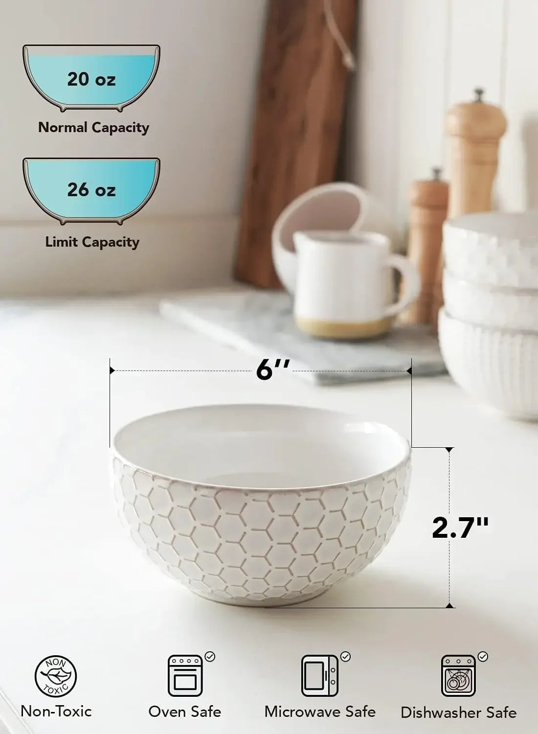 26 oz, Ceramic Bowl s 6 Inch, Set of 4, Arctic white
