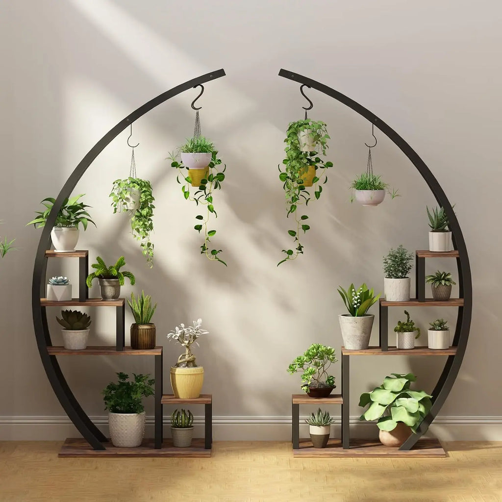 2pcs 5-Tier Metal Plant Stand Indoor Half Moon Shape Tall Garden Plant Holder