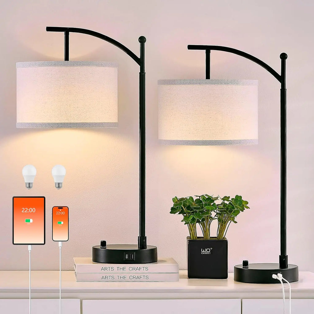 23.5" Table Lamps Set of 2 with USB C+A Ports, Dimmable LED Bulbs for Living Room Bedroom Nightstand