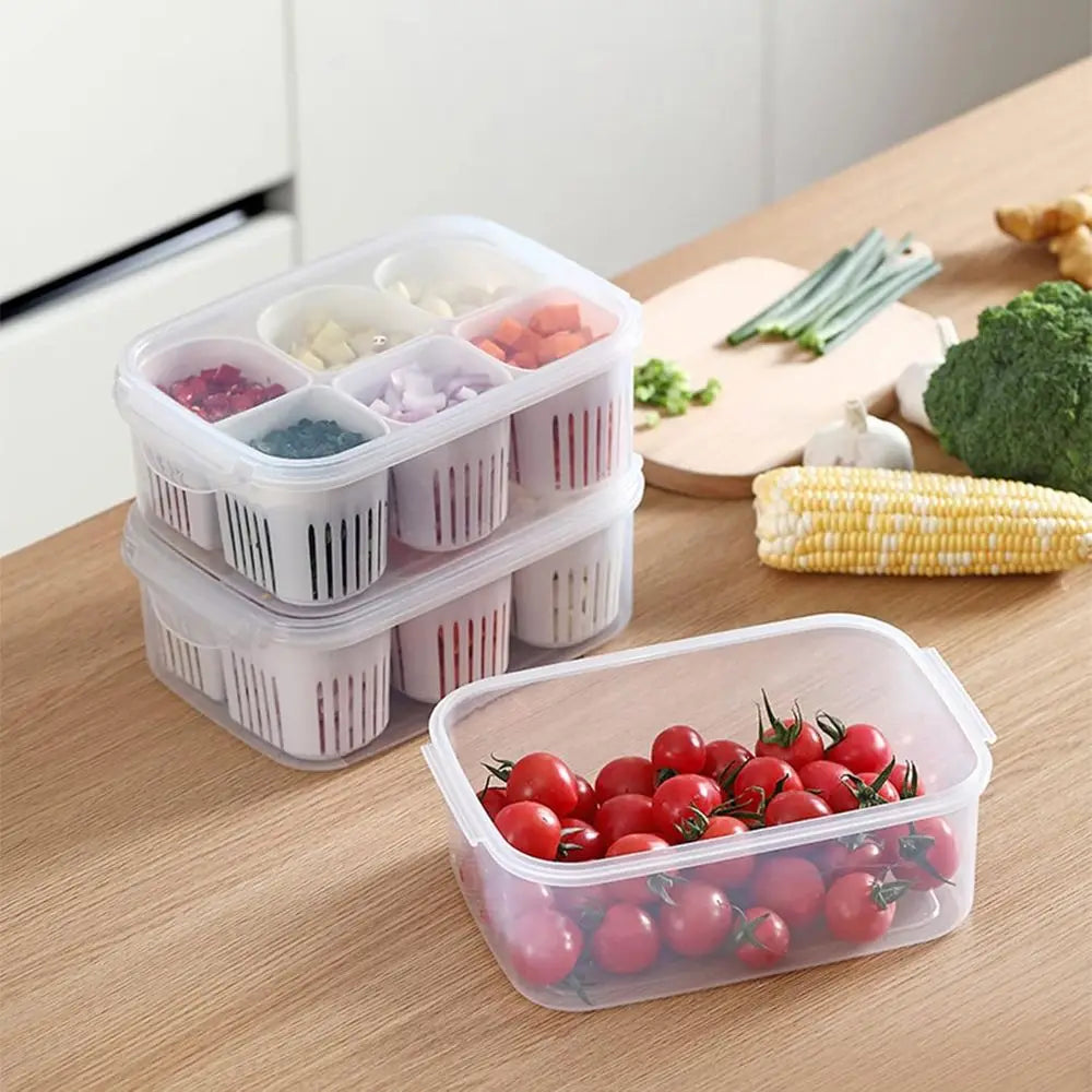Storage Containers with Lids Airtight Refrigerator Food Fresh Box 6 Pcs Detachable Drain Basket