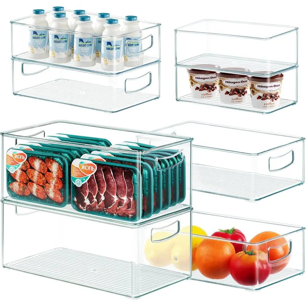 8 Pack Reusable Organizer Bins Ridge Organizers Storage Stackable Refrigerator Organizers Bins with Side Handles Clear Storage B