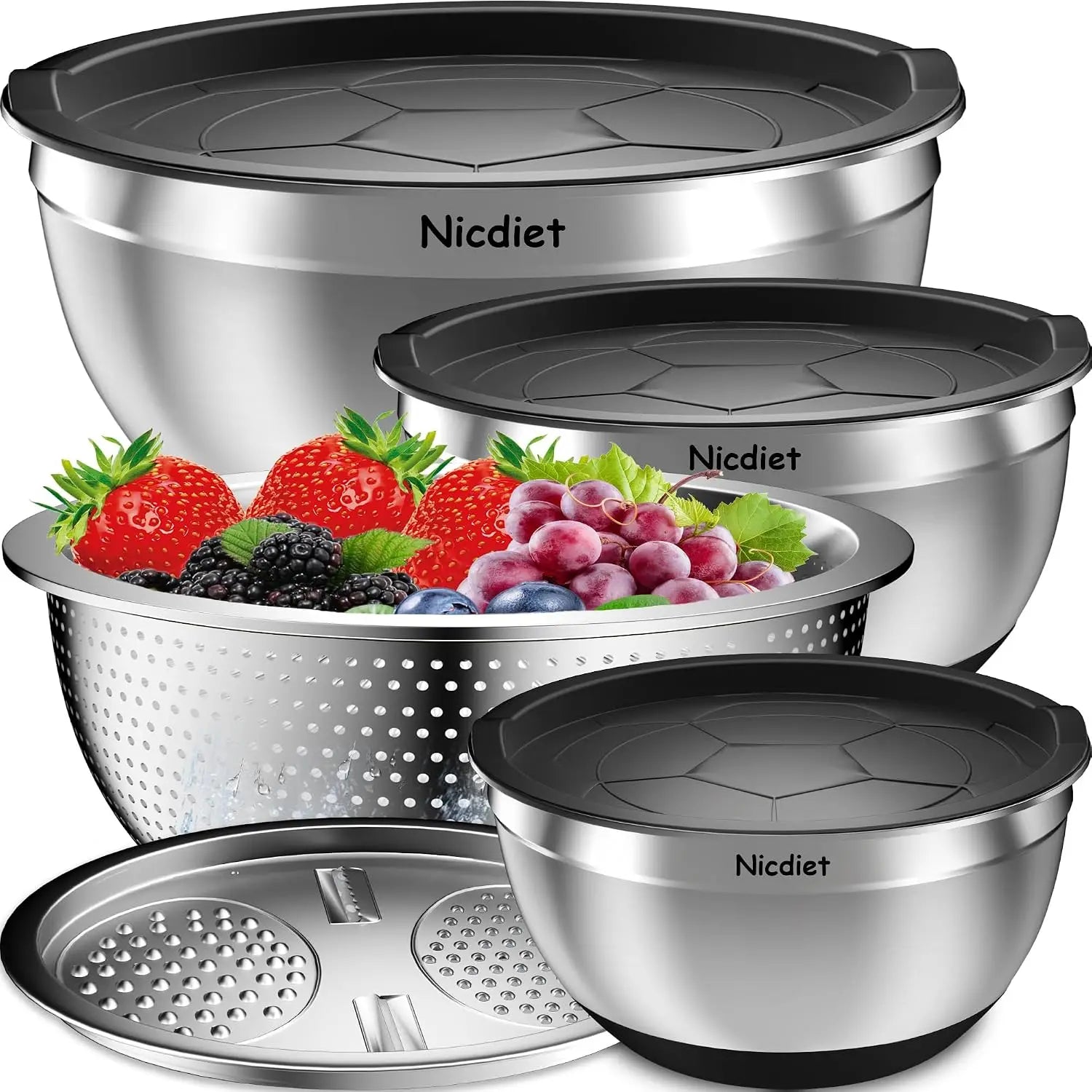 3 nested kitchen metal bowls, colander and grater, non-slip bottom, perfect for mixing and serving
