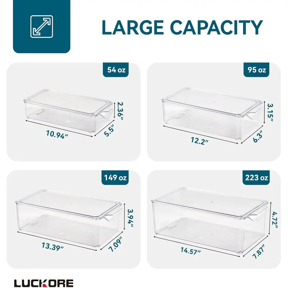 4 Piece Refrigerator Organizer Bins, Clear Ridge Organizers and Storage, Stackable with Lids, Food Storage Containers for Fruit,