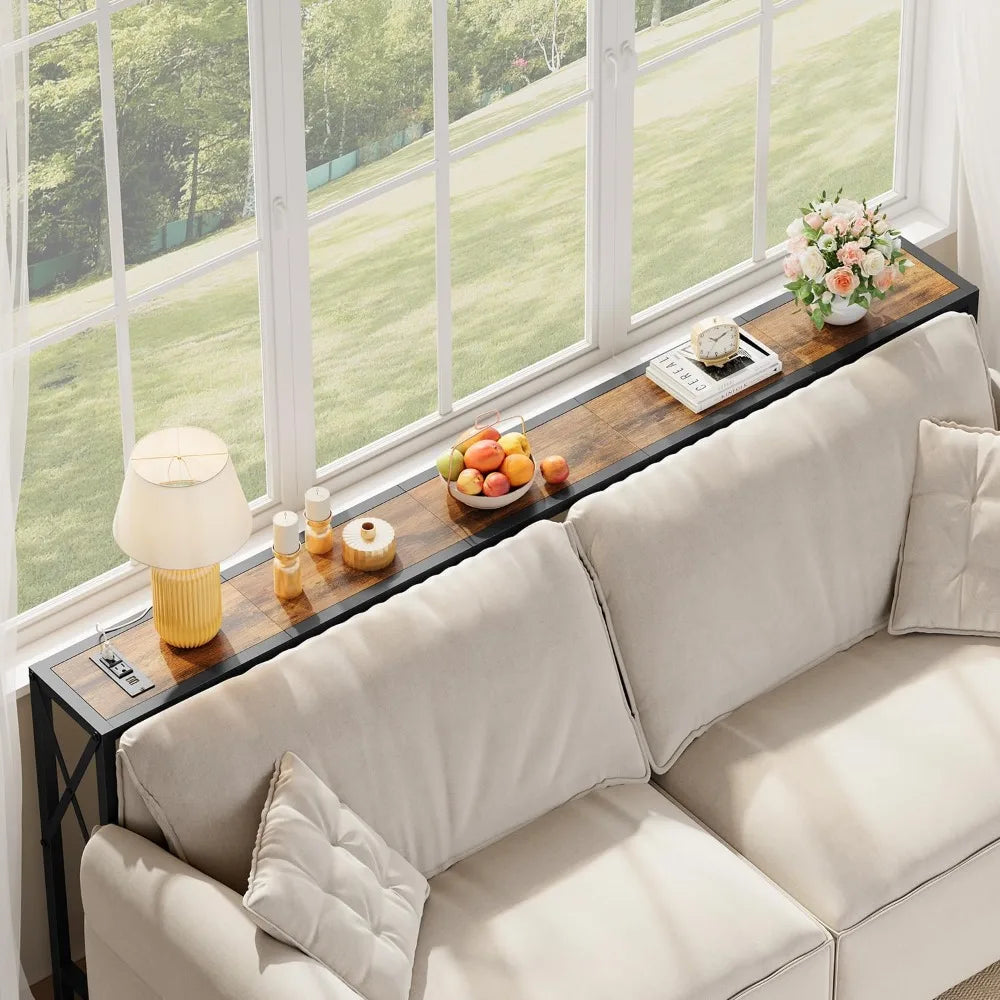 70 In Skinny Sofa Table Behind Couch, Console Table with Outlets & USB Ports for Hallway, Entryway, Living Room, Bedroom, Rustic Brown