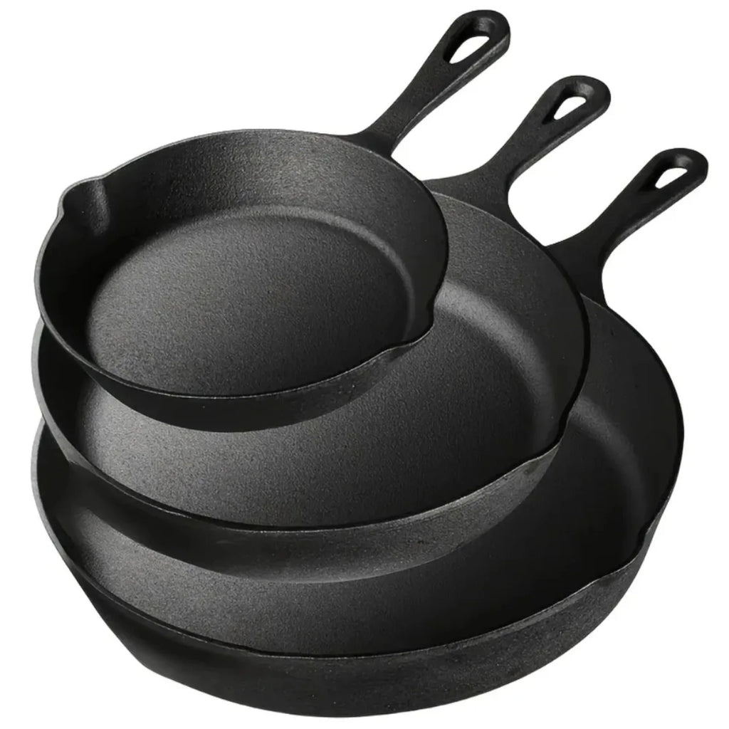 3PCS Pre-Seasoned Cast Iron Skillet Set for Oven, Grill, Campfire Durable Cookware for Home & Outdoor Cooking