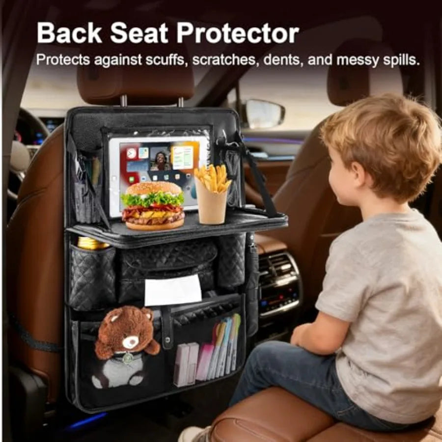 Car Backseat Organizers - with Foldable Tray - PU Leather Back Seat Car Organizers with Storage Pockets, Tablet Holders