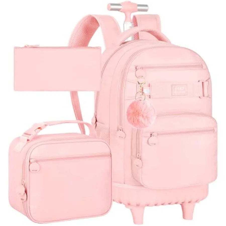 19 Inch School Roller Backpacks with Wheels, Adults Wheeled Bookbag with Lunch Box Pink