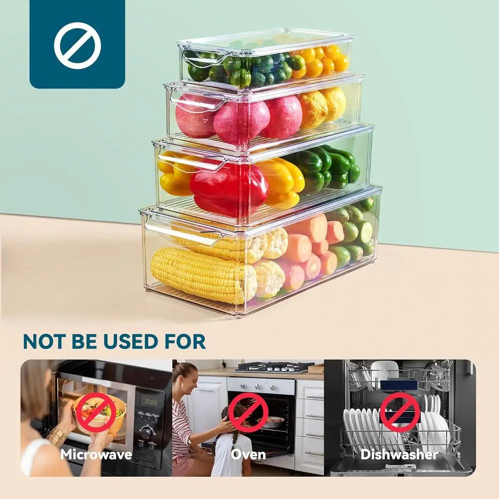 4 Piece Refrigerator Organizer Bins, Clear Ridge Organizers and Storage, Stackable with Lids, Food Storage Containers for Fruit,