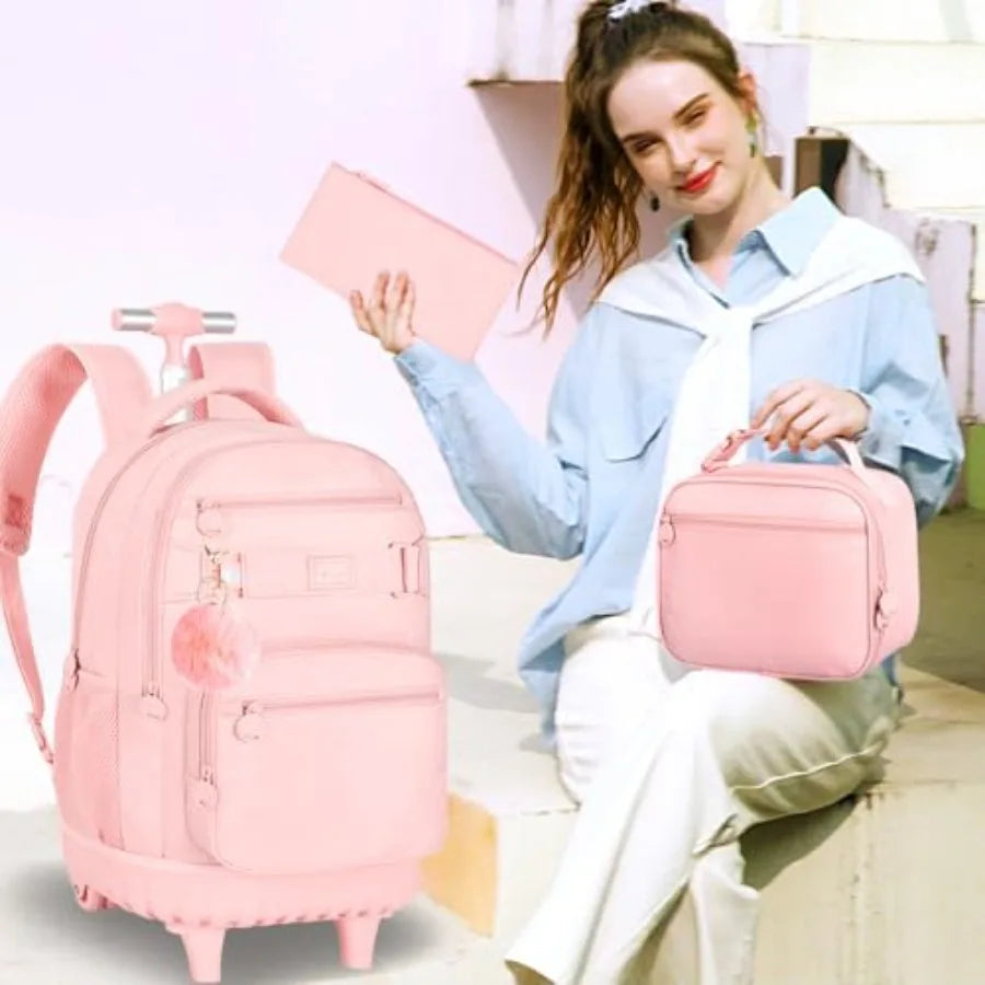 19 Inch School Roller Backpacks with Wheels, Adults Wheeled Bookbag with Lunch Box Pink