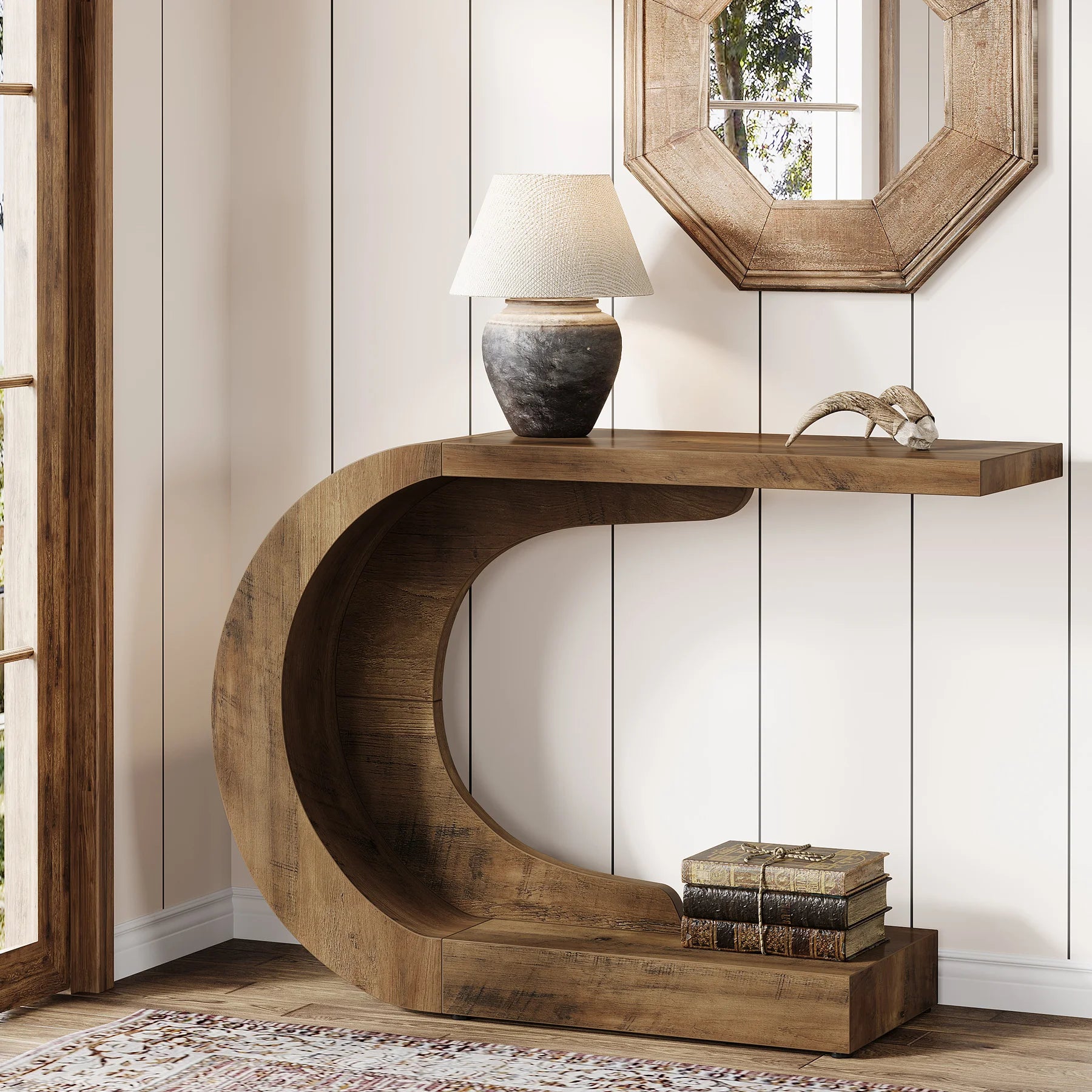 43.3" Mid-Century Modern Console Table for Entryway, Wood C-Shaped Hallway Entry Accent Table