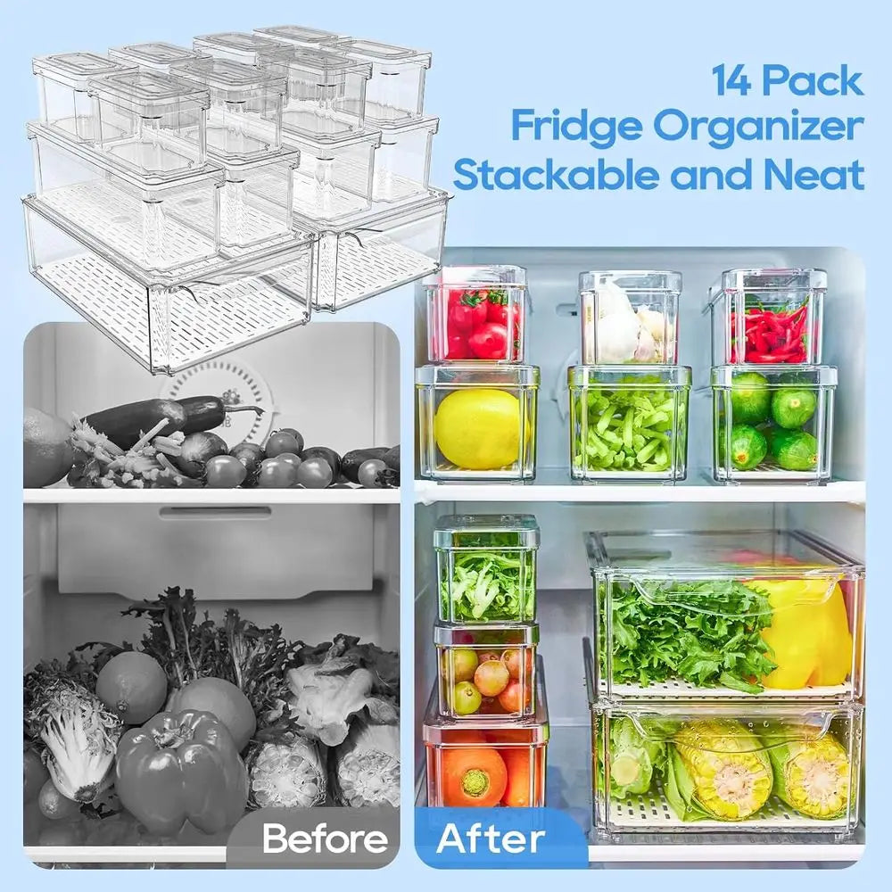 14 Pack Ridge Organizers, Refrigerator Bins with Lids, BPA-Free Stackable Fruit Storage Containers for Vegetables, Food and Drin