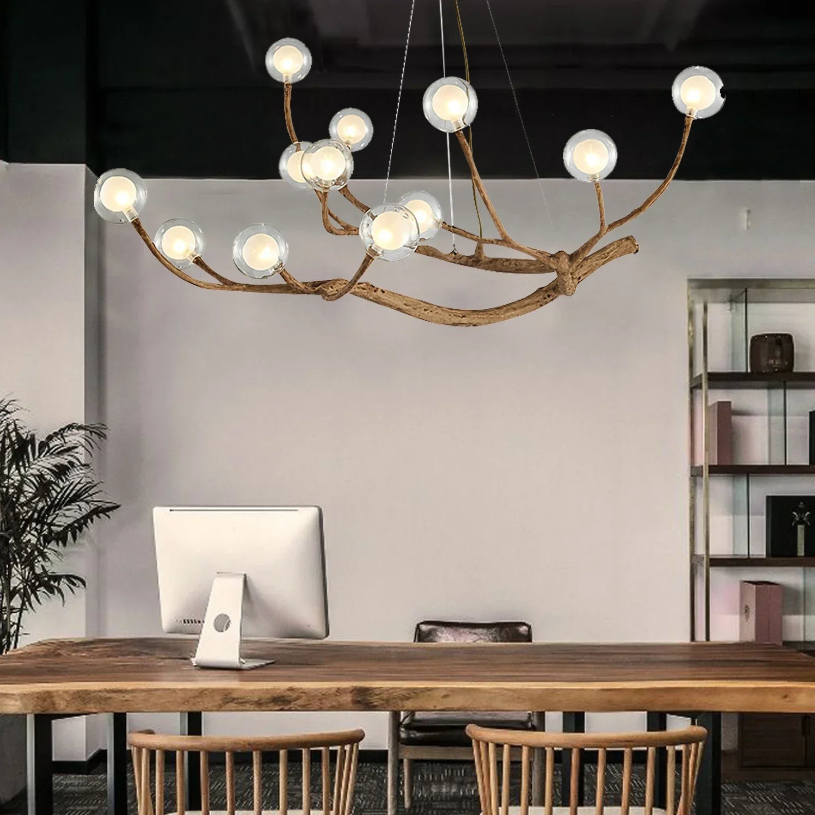 12-Light Modern Branch Chandelier, Farmhouse-Style LED Ceiling Light with Adjustable Chain, Warm White Glass Shades for Dining Room.