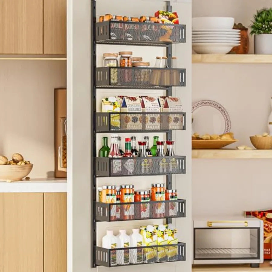 6-Tier Over The Door Pantry Organizer with Mesh Baskets, Adjustable and Stable Hanging Spice Rack for Kitchen, Bathroom