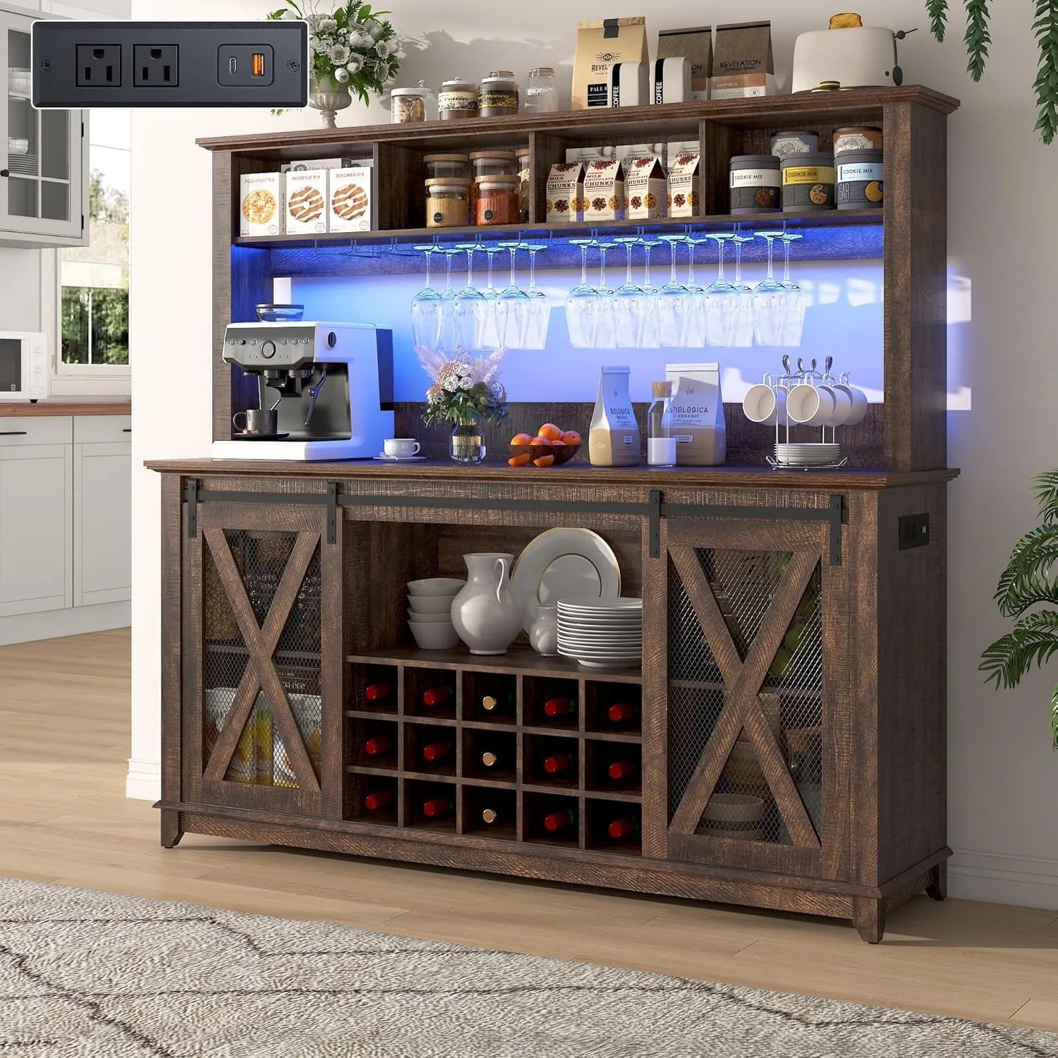 Farmhouse Coffee Wine Buffet Cabinet with LED Power Outlet 15 Racks Storage Hutch for Kitchen Dining